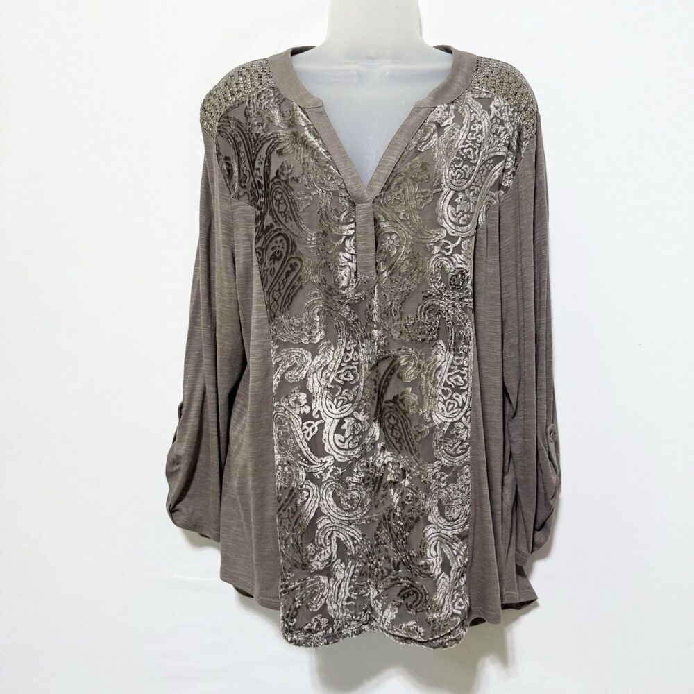 Chico's Sz 3 US XL Biana Henley Velvet Burnout Brown Top Roll Tab Sleeve